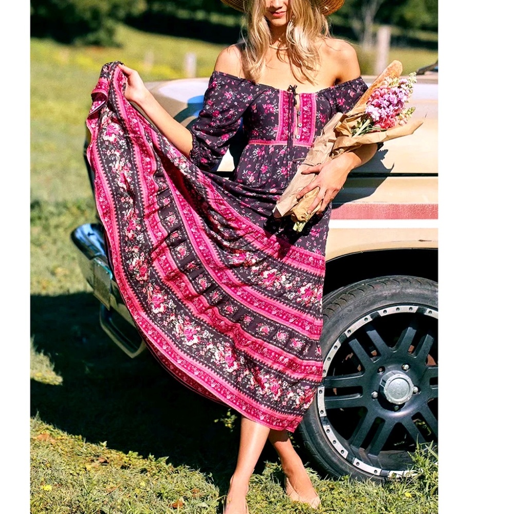 Boho Pink Floral Print Off Shoulder Midi Dress - Picture 9 of 14